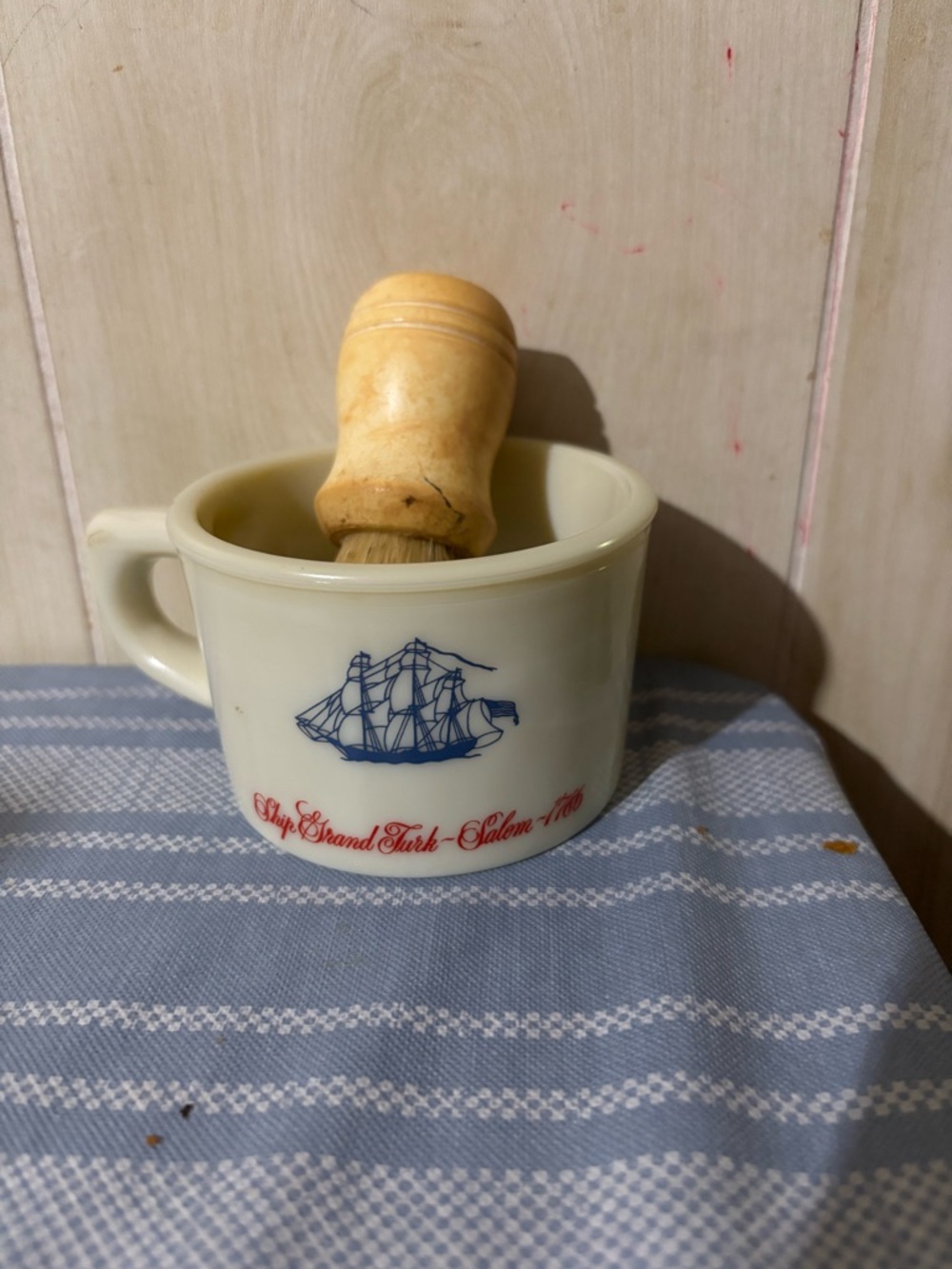 Cream Ceramic Mortar & Wooden Pestle with Blue Ship Graphic